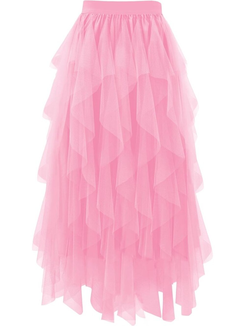Women's Pink High Waist Layered Tulle Mesh Ruffle Asymmetric Midi Tutu Skirt